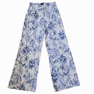 Shore Wide Leg Linen Blend White & Blue Floral Print High Waist Pants size Small